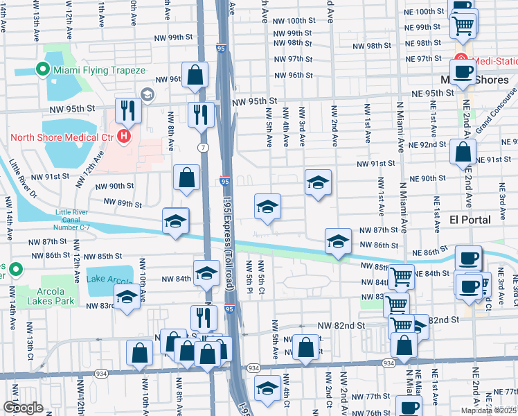 map of restaurants, bars, coffee shops, grocery stores, and more near 555 Northwest 88th Street in El Portal