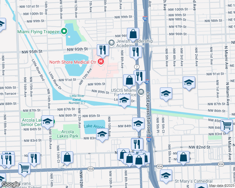 map of restaurants, bars, coffee shops, grocery stores, and more near 901 Little River Drive in Miami