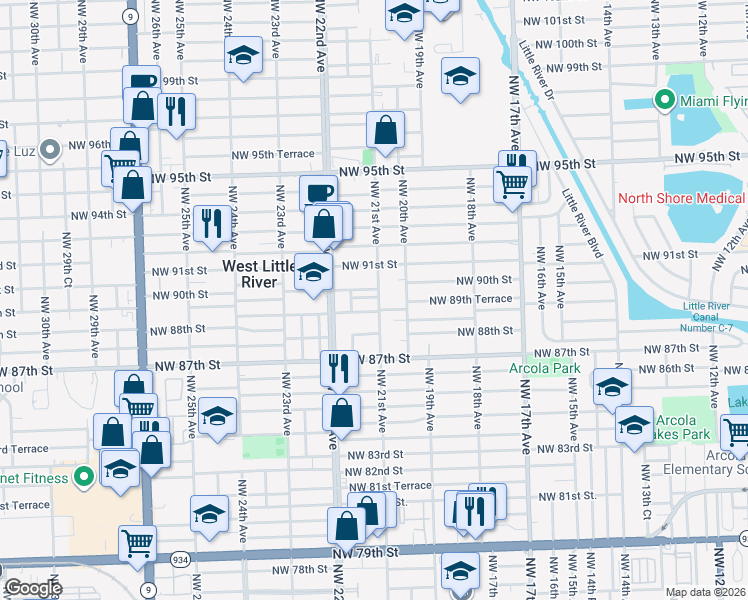map of restaurants, bars, coffee shops, grocery stores, and more near 2101 Northwest 89th Street in Miami