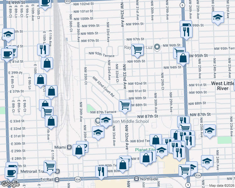 map of restaurants, bars, coffee shops, grocery stores, and more near 9001 Northwest 32nd Court Road in Miami