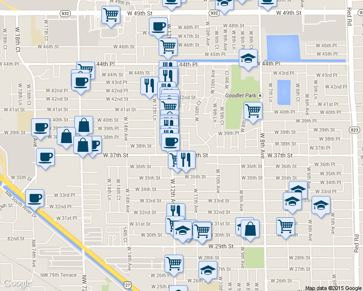 map of restaurants, bars, coffee shops, grocery stores, and more near 1135 West 37th Street in Hialeah