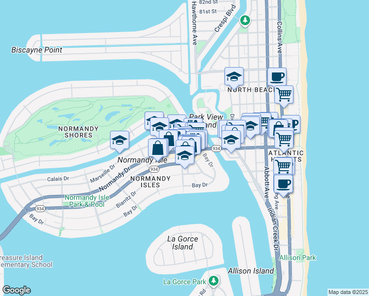 map of restaurants, bars, coffee shops, grocery stores, and more near 1114 Normandy Drive in Miami Beach