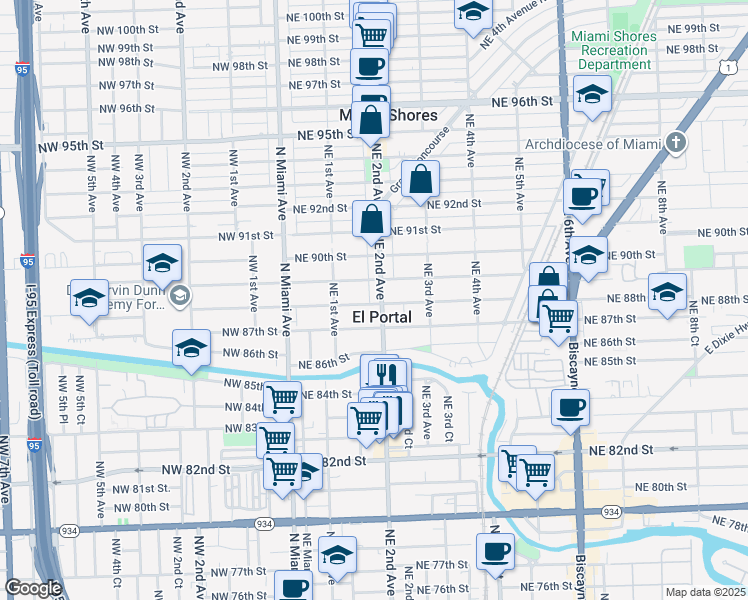map of restaurants, bars, coffee shops, grocery stores, and more near 193 Northeast 88th Street in El Portal