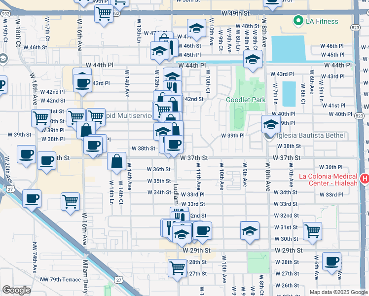 map of restaurants, bars, coffee shops, grocery stores, and more near 1135 West 37th Street in Hialeah