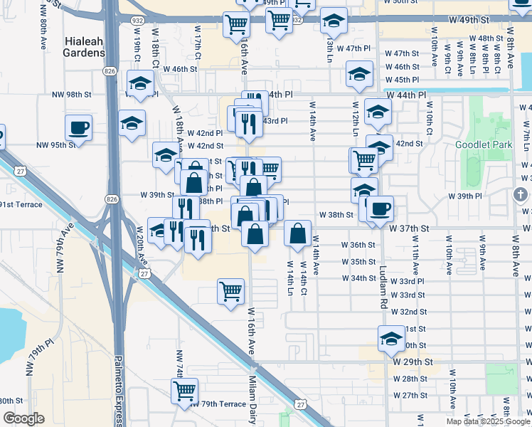map of restaurants, bars, coffee shops, grocery stores, and more near 1555 West 37th Street in Hialeah