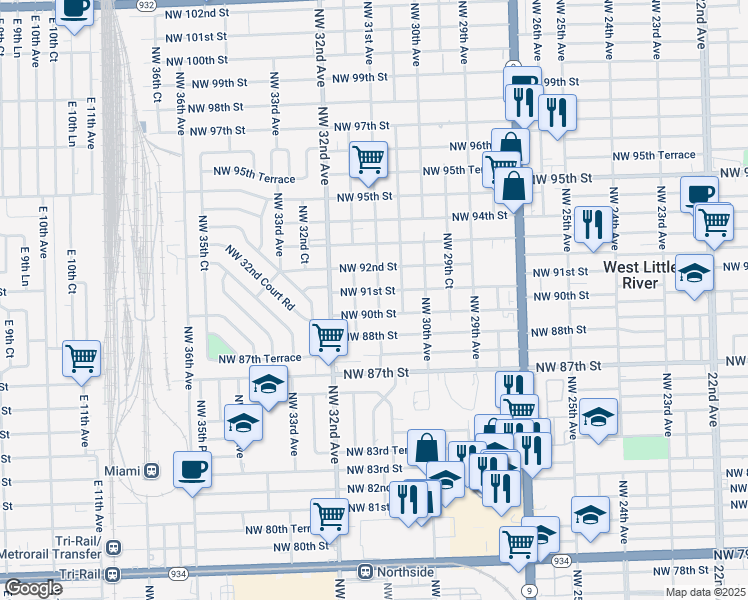 map of restaurants, bars, coffee shops, grocery stores, and more near 9050 Northwest 31st Avenue in Miami