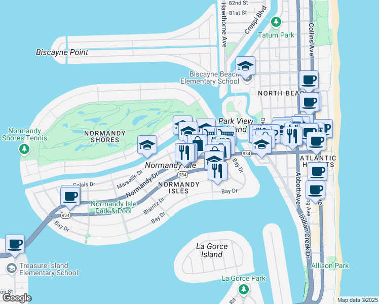 map of restaurants, bars, coffee shops, grocery stores, and more near 1198 Marseille Drive in Miami Beach