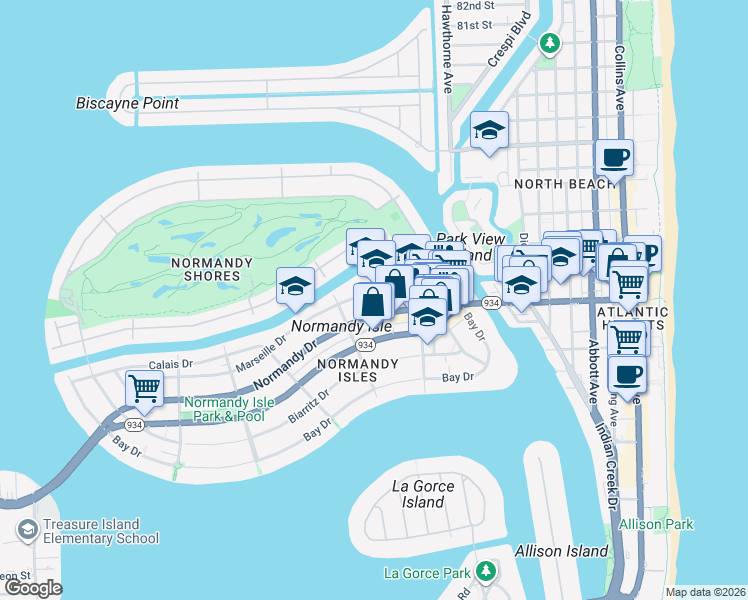 map of restaurants, bars, coffee shops, grocery stores, and more near 1200 Marseille Drive in Miami Beach