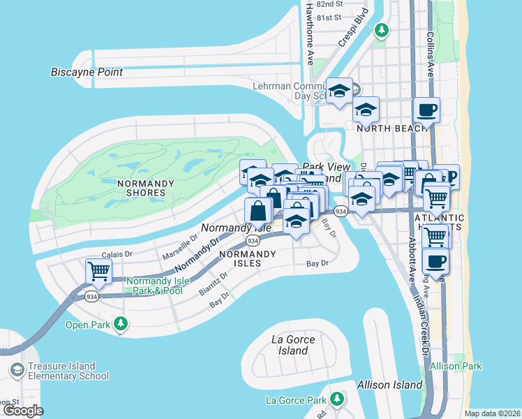 map of restaurants, bars, coffee shops, grocery stores, and more near 1198 Marseille Drive in Miami Beach