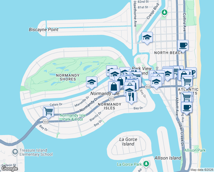map of restaurants, bars, coffee shops, grocery stores, and more near 1260 Marseille Drive in Miami Beach