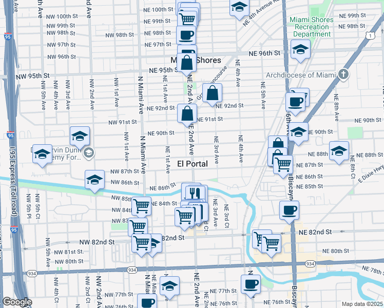 map of restaurants, bars, coffee shops, grocery stores, and more near 8820 Northeast 2nd Avenue in El Portal