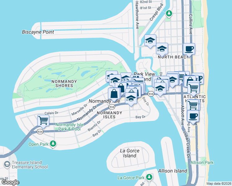 map of restaurants, bars, coffee shops, grocery stores, and more near 1200 Normandy Drive in Miami Beach