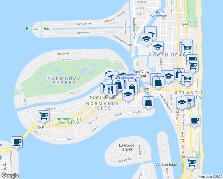 map of restaurants, bars, coffee shops, grocery stores, and more near 1200 Normandy Drive in Miami Beach