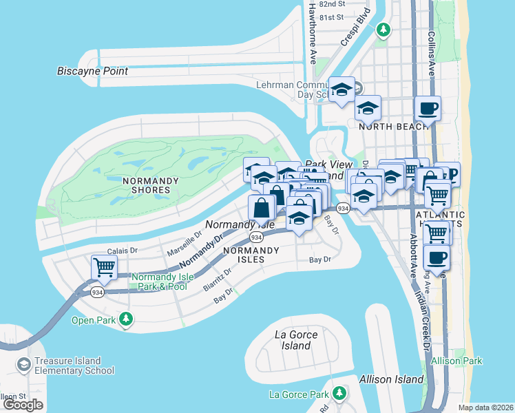 map of restaurants, bars, coffee shops, grocery stores, and more near 1200 Normandy Drive in Miami Beach