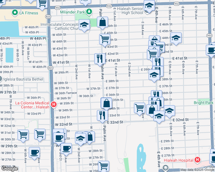 map of restaurants, bars, coffee shops, grocery stores, and more near 68 East 37th Street in Hialeah