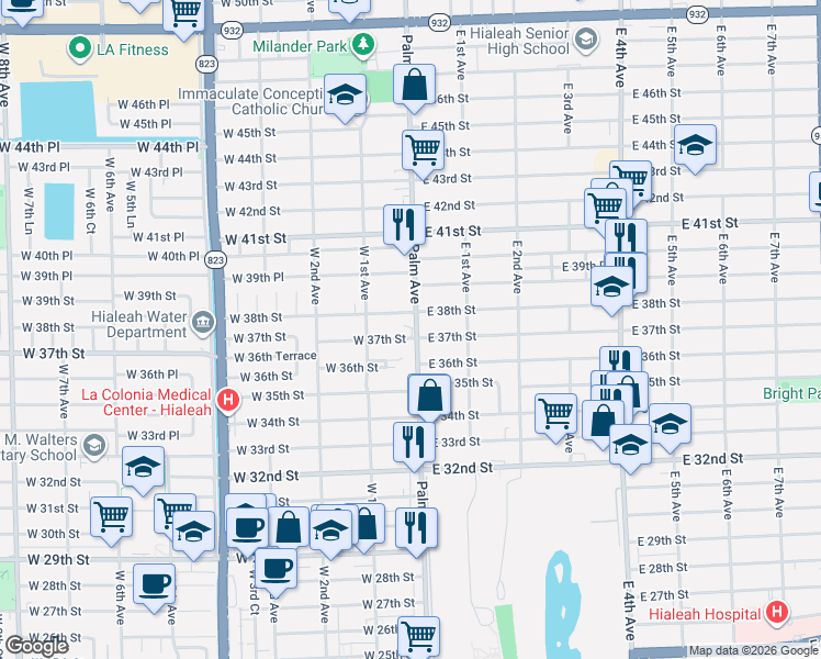 map of restaurants, bars, coffee shops, grocery stores, and more near 3652 Palm Avenue in Hialeah