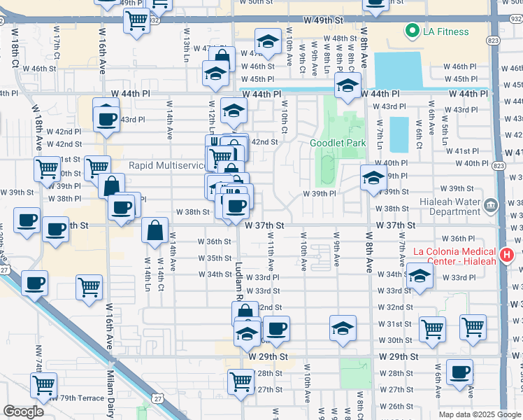 map of restaurants, bars, coffee shops, grocery stores, and more near 1135 West 37th Street in Hialeah