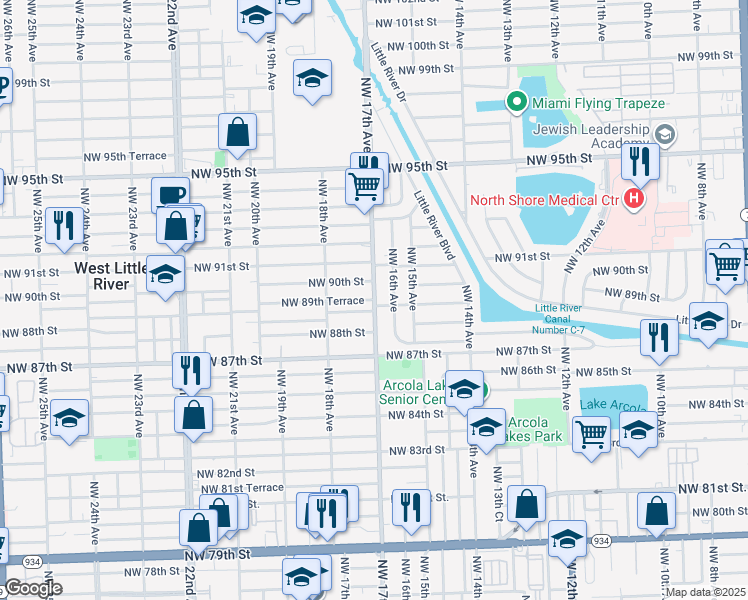 map of restaurants, bars, coffee shops, grocery stores, and more near 990 Northwest 89th Terrace in Miami