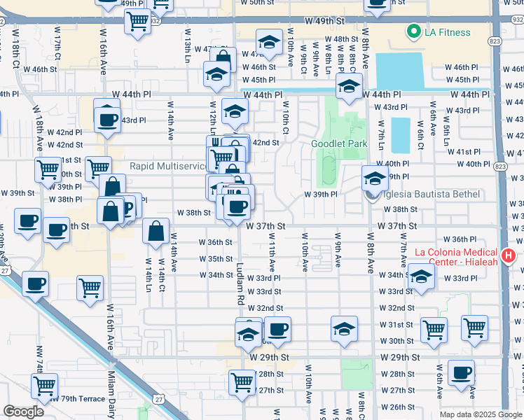 map of restaurants, bars, coffee shops, grocery stores, and more near 1135 West 37th Street in Hialeah