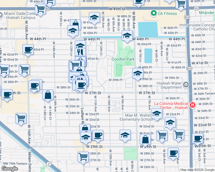 map of restaurants, bars, coffee shops, grocery stores, and more near 959 West 37th Street in Hialeah