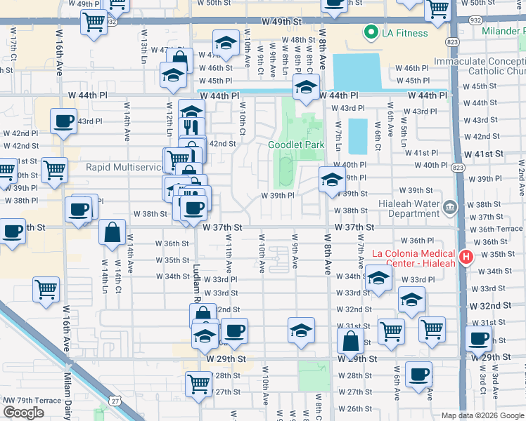 map of restaurants, bars, coffee shops, grocery stores, and more near 959 West 37th Street in Hialeah