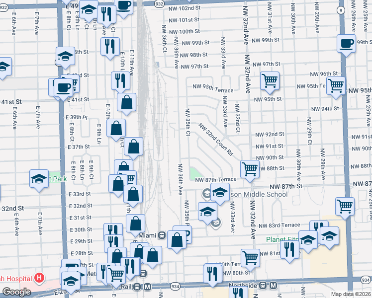 map of restaurants, bars, coffee shops, grocery stores, and more near 3575 Northwest 89th Terrace in Miami