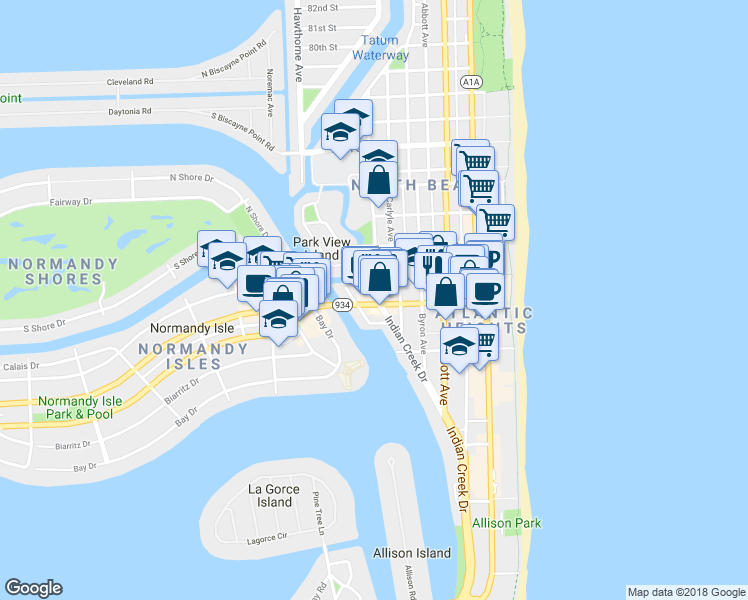 map of restaurants, bars, coffee shops, grocery stores, and more near 703 71st St in Miami Beach