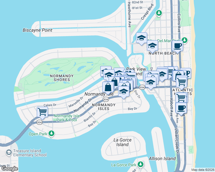 map of restaurants, bars, coffee shops, grocery stores, and more near 1200 Normandy Drive in Miami Beach