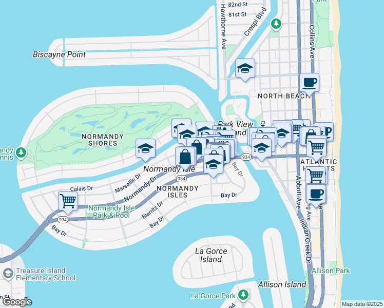 map of restaurants, bars, coffee shops, grocery stores, and more near 1200 Normandy Drive in Miami Beach