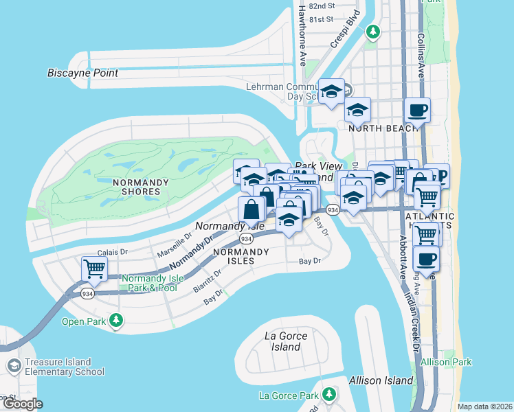 map of restaurants, bars, coffee shops, grocery stores, and more near 1200 Normandy Drive in Miami Beach