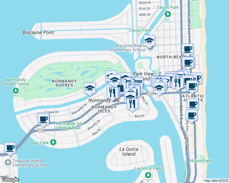 map of restaurants, bars, coffee shops, grocery stores, and more near 1200 Normandy Drive in Miami Beach