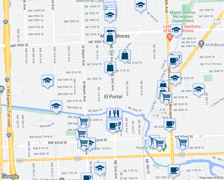 map of restaurants, bars, coffee shops, grocery stores, and more near in El Portal