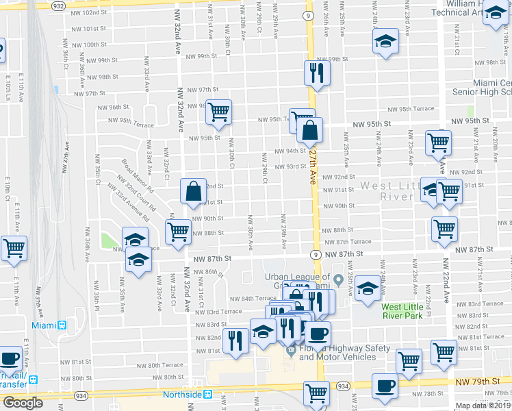 map of restaurants, bars, coffee shops, grocery stores, and more near 2954 Northwest 90th Street in Miami