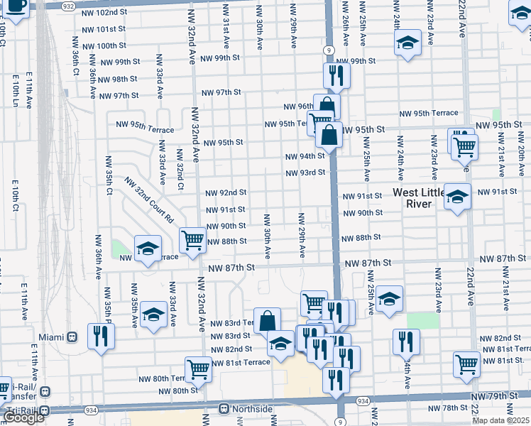 map of restaurants, bars, coffee shops, grocery stores, and more near 3037 Northwest 90th Street in Miami