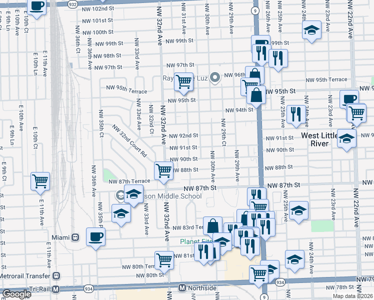 map of restaurants, bars, coffee shops, grocery stores, and more near 3111 Northwest 90th Street in Miami