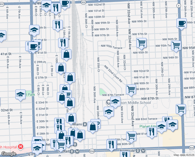 map of restaurants, bars, coffee shops, grocery stores, and more near 3575 Northwest 89th Terrace in Miami