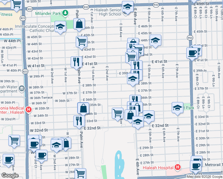 map of restaurants, bars, coffee shops, grocery stores, and more near 3667 East 2nd Avenue in Hialeah