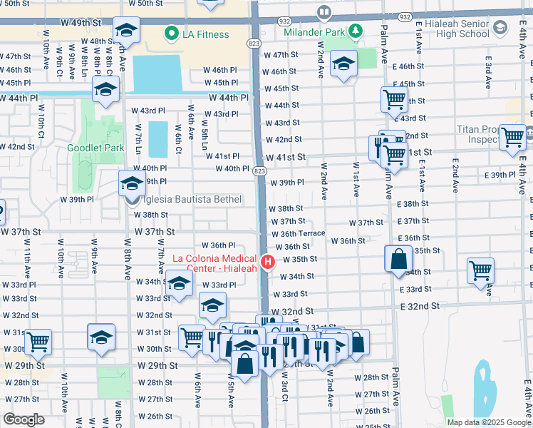 map of restaurants, bars, coffee shops, grocery stores, and more near 3695 Red Road in Hialeah