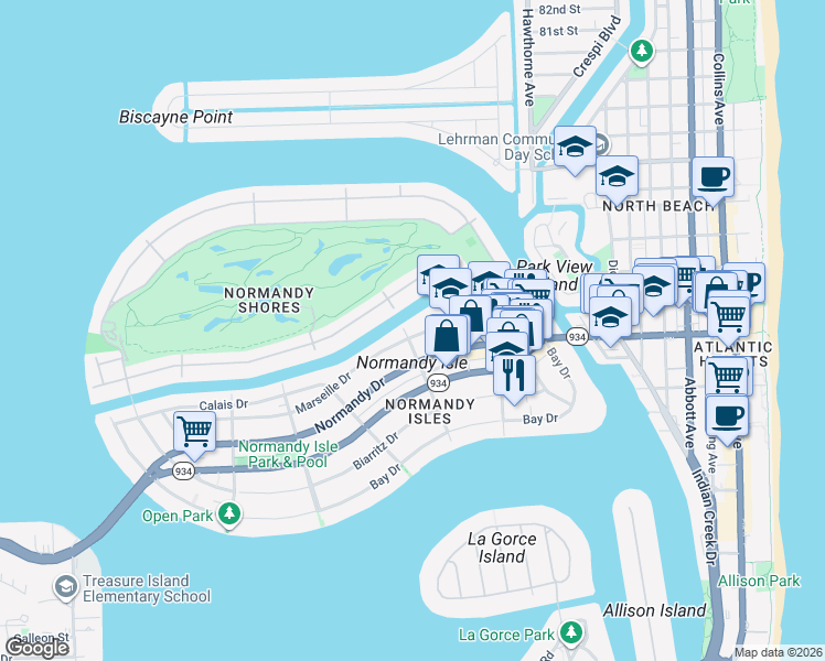 map of restaurants, bars, coffee shops, grocery stores, and more near 7115 Rue Notre Dame in Miami Beach