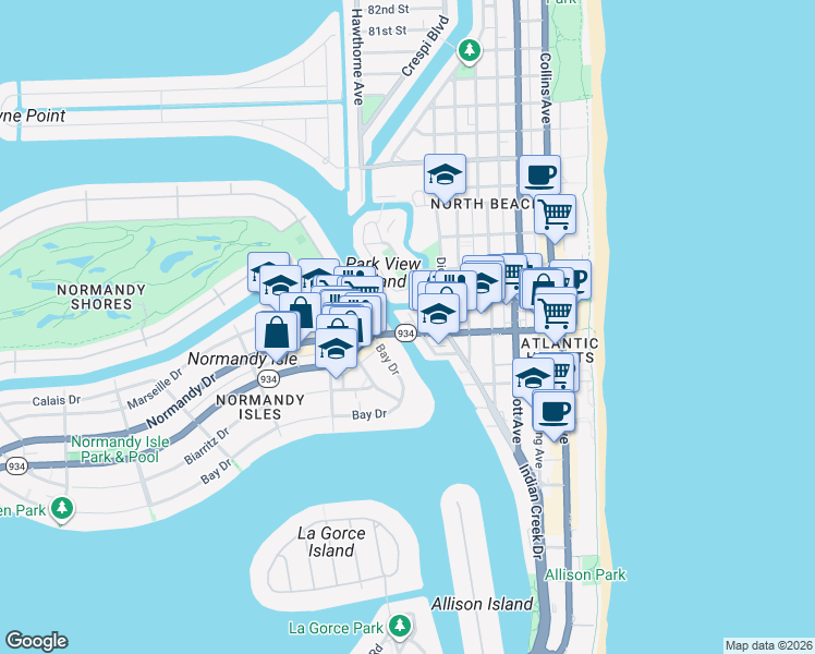 map of restaurants, bars, coffee shops, grocery stores, and more near 6949 Bay Drive in Miami Beach