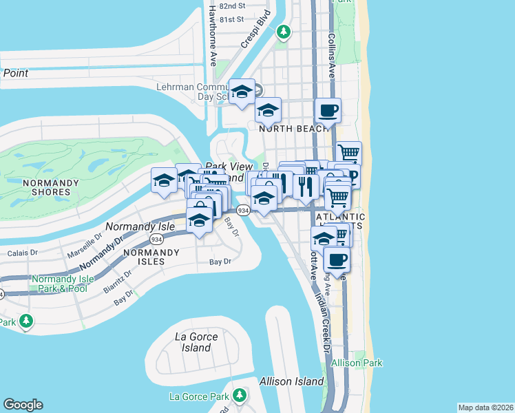 map of restaurants, bars, coffee shops, grocery stores, and more near in Miami Beach