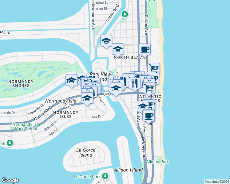 map of restaurants, bars, coffee shops, grocery stores, and more near in Miami Beach