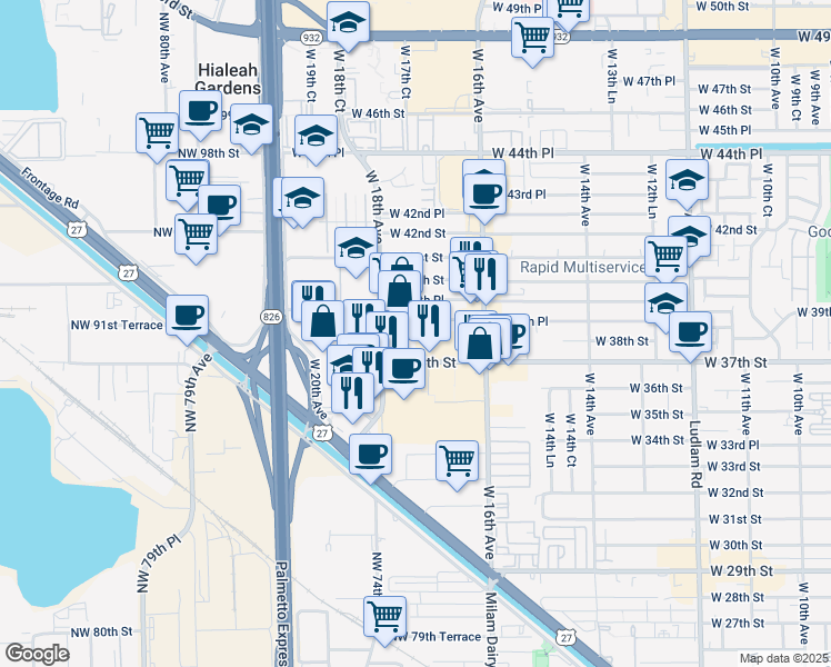 map of restaurants, bars, coffee shops, grocery stores, and more near in Hialeah