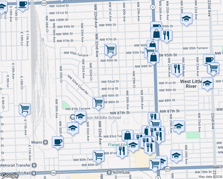 map of restaurants, bars, coffee shops, grocery stores, and more near 3110 Northwest 92nd Street in Miami