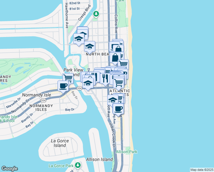 map of restaurants, bars, coffee shops, grocery stores, and more near 7136 Abbott Avenue in Miami Beach