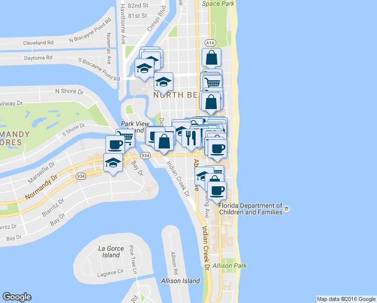 map of restaurants, bars, coffee shops, grocery stores, and more near 7140 Abbott Avenue in Miami Beach