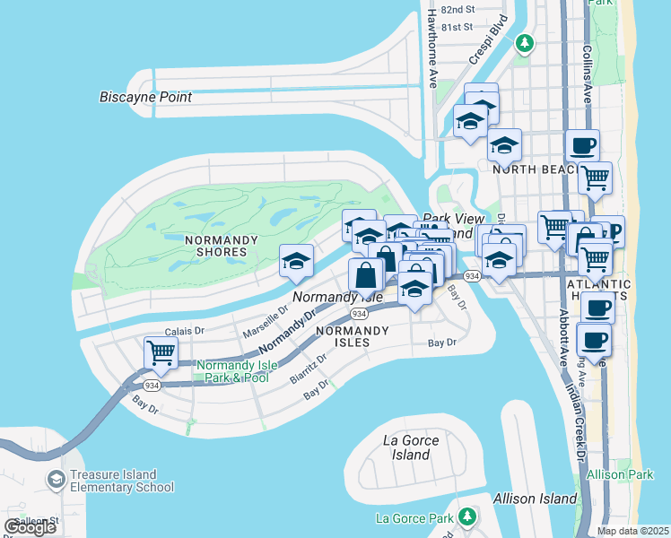 map of restaurants, bars, coffee shops, grocery stores, and more near 300 South Shore Drive in Miami Beach