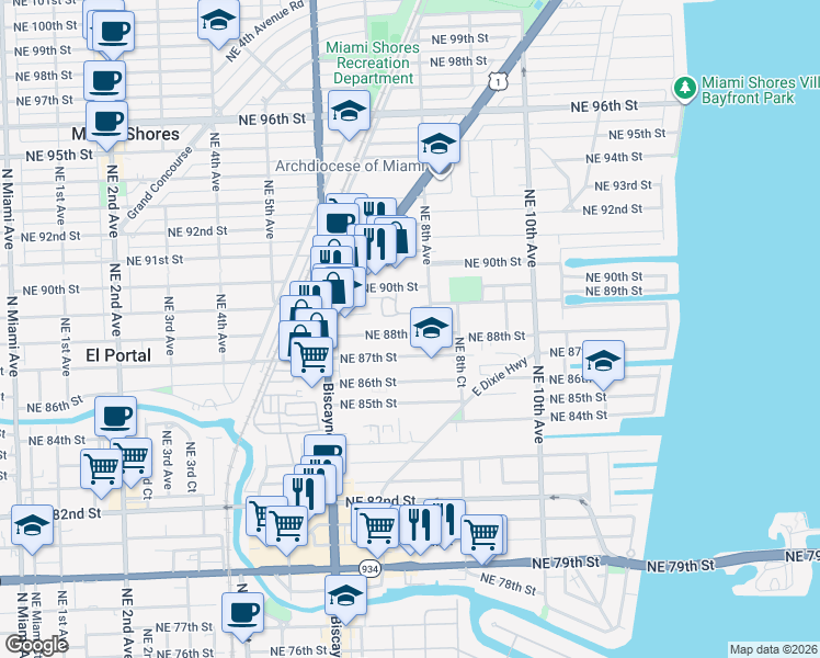map of restaurants, bars, coffee shops, grocery stores, and more near 830 Northeast 89th Street in Miami