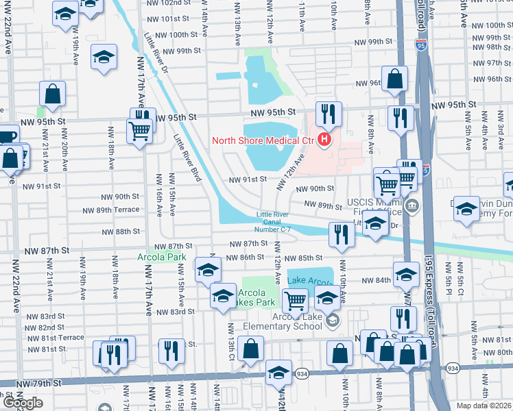 map of restaurants, bars, coffee shops, grocery stores, and more near 9000 Northwest 12th Court in Miami