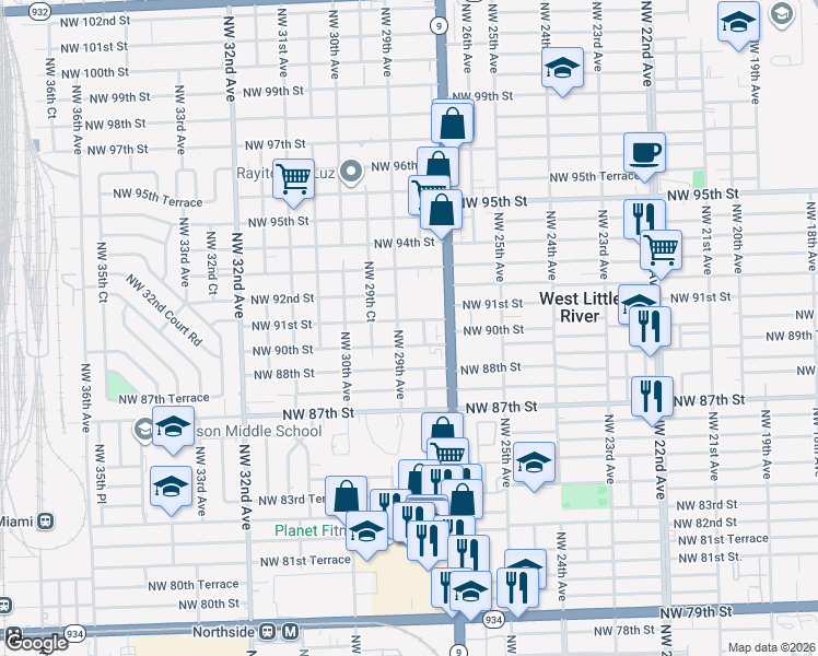 map of restaurants, bars, coffee shops, grocery stores, and more near 9101 Northwest 29th Avenue in Miami